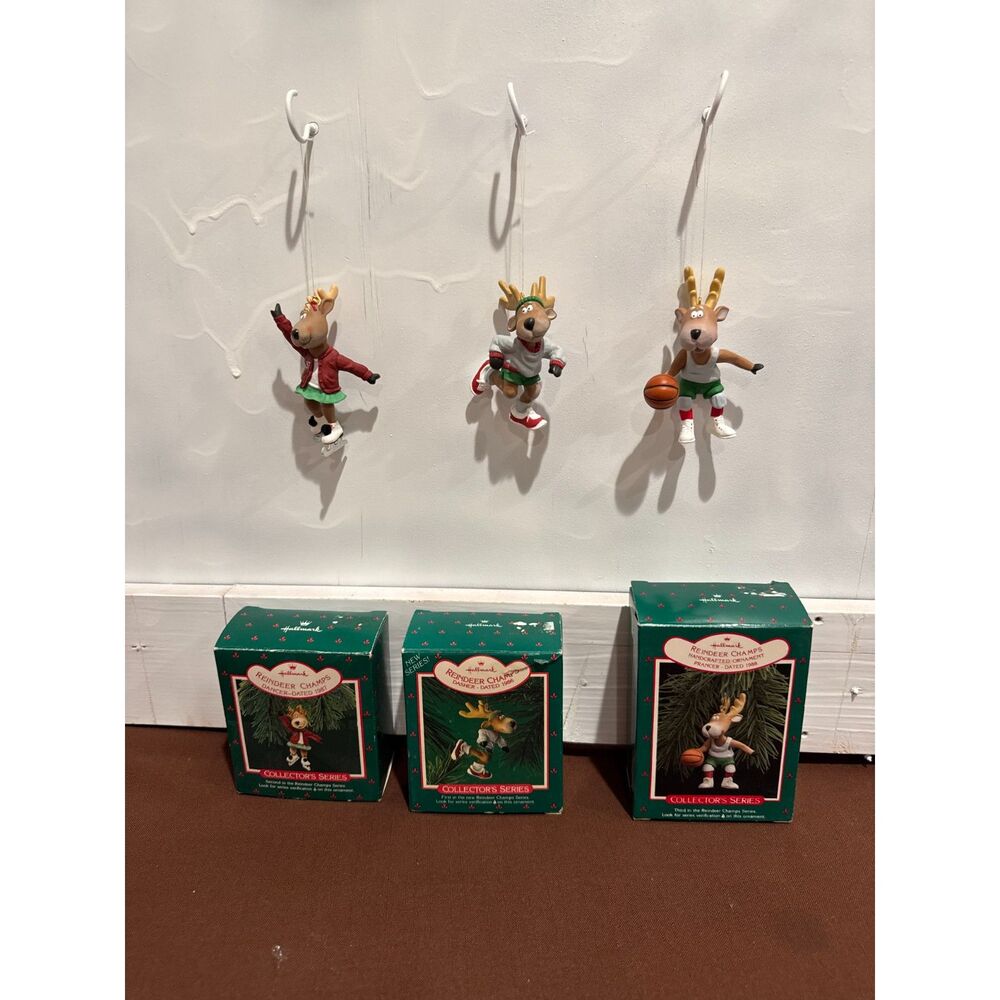 Lot of 3 Hallmark Reindeer Champs Vintage Ornaments: Skating, Track, Basketball